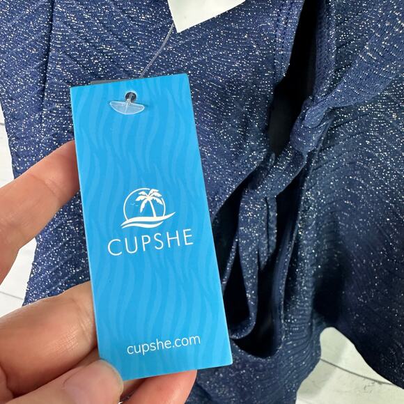 Cupshe XL One Piece Swimsuit Square Neck Shimmer Blue Bathing Suit Crisscross - Picture 5 of 8